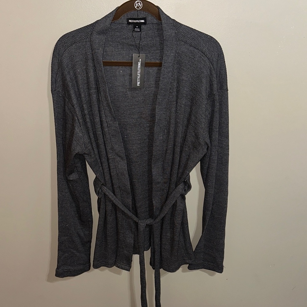 PrettyLittleThing Dark Gray Women's Waffle Tie Cardigan